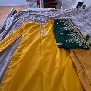 Yellow and Green Embroidered Anarkali Set
